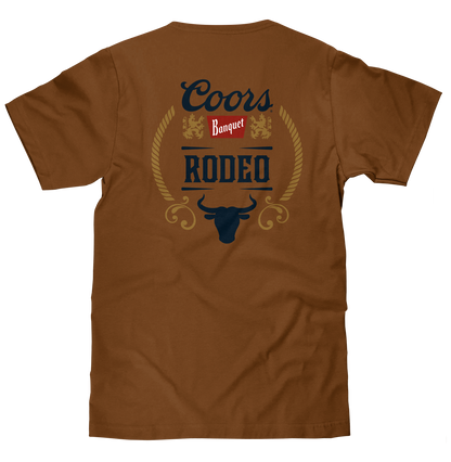 Coors Banquet Rodeo Bull Beer Front and Back Mens T Shirt Brown