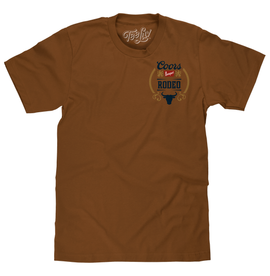 Coors Banquet Rodeo Bull Beer Front and Back Mens T Shirt Brown