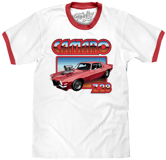 70s Chevrolet Camaro Z28 Ringer Mens T Shirt White/Red