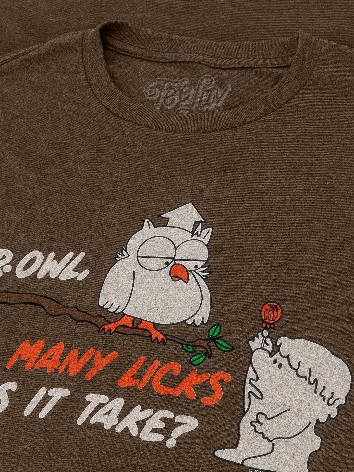 Mr Owl How Many Licks Does It Take Tootsie Roll Pop Candy Mens T Shirt Heather Brown