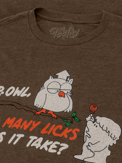 Mr Owl How Many Licks Does It Take Tootsie Roll Pop Candy Mens T Shirt Heather Brown
