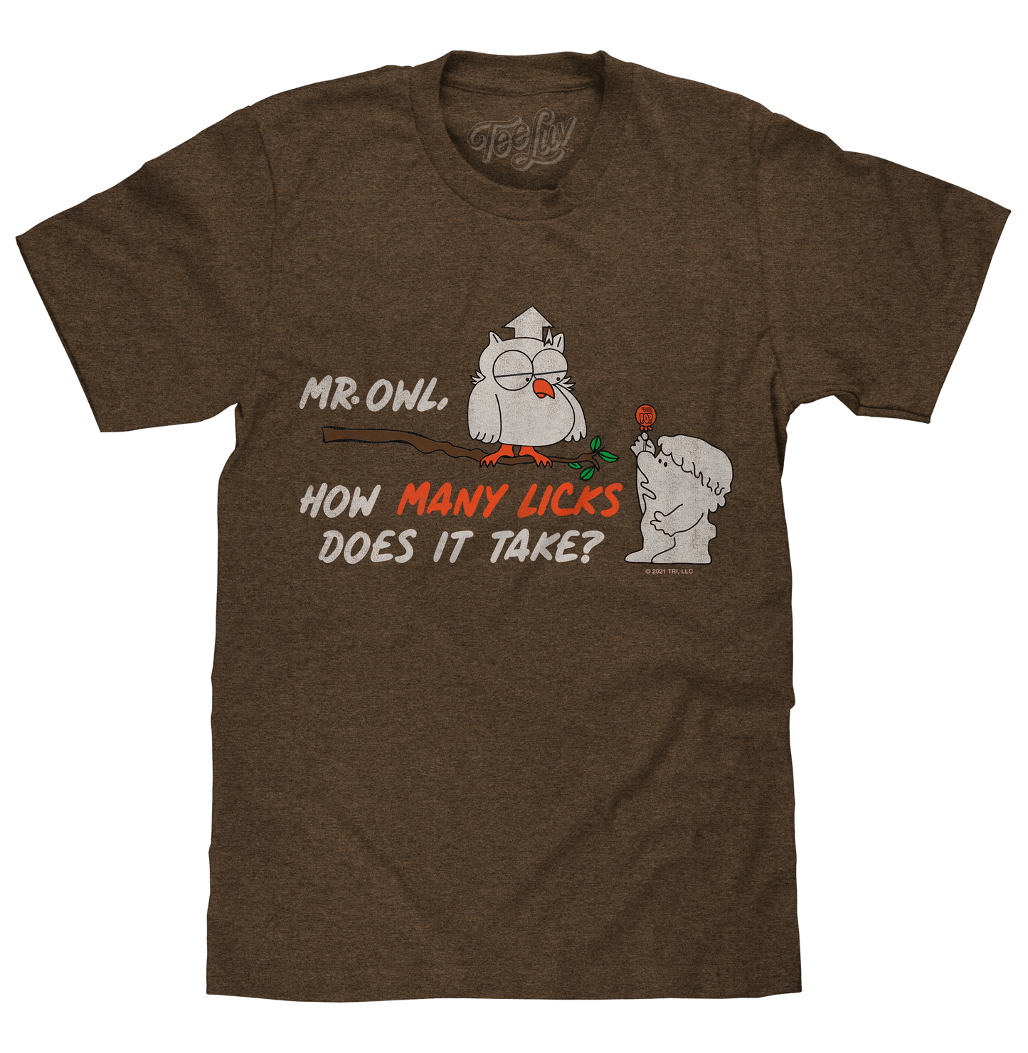 Mr Owl How Many Licks Does It Take Tootsie Roll Pop Candy Mens T Shirt Heather Brown