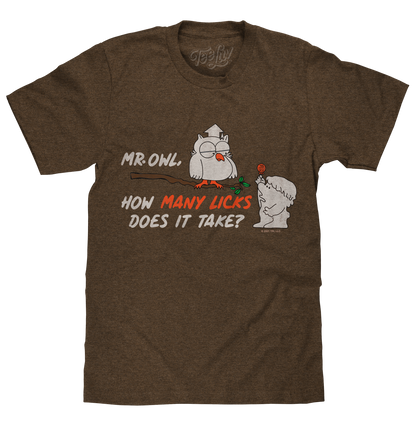 Mr Owl How Many Licks Does It Take Tootsie Roll Pop Candy Mens T Shirt Heather Brown