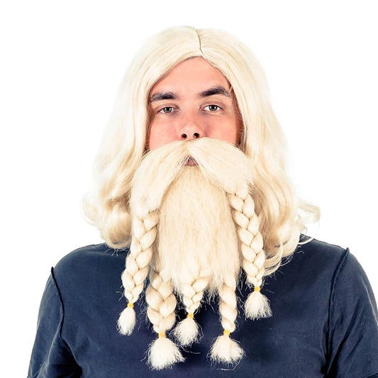 Adult Deluxe Viking Barbarian Norse Halloween Cosplay Costume Wig & Beard Set