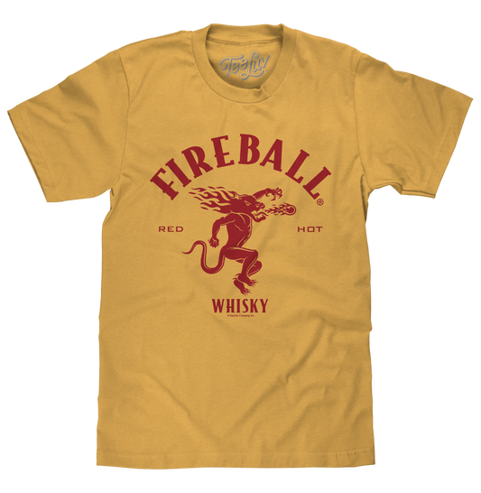 Fireball Whisky Red Hot Dragon Logo Mens T Shirt Mustard Yellow