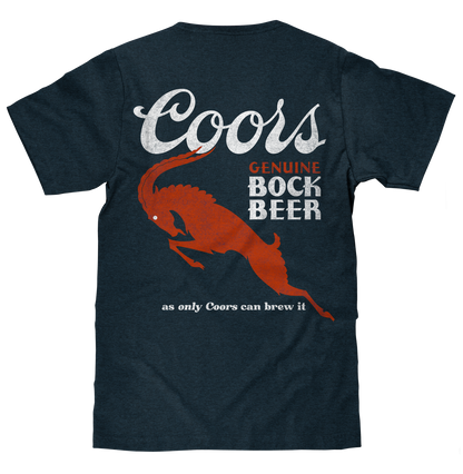 Coors Genuine Bock Beer Left Chest Front and Back Print Mens T Shirt Denim Black Heather