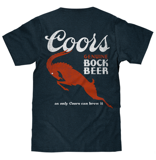 Coors Genuine Bock Beer Left Chest Front and Back Print Mens T Shirt Denim Black Heather