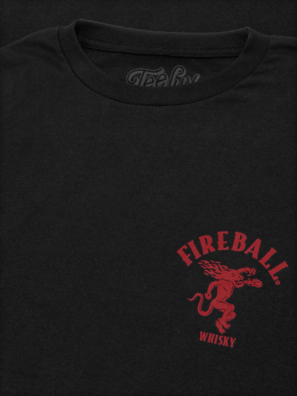 Fireball Whisky Left Chest Front and Back Dragon Mascot Logo Mens T Shirt Black