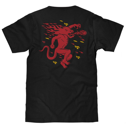 Fireball Whisky Left Chest Front and Back Dragon Mascot Logo Mens T Shirt Black