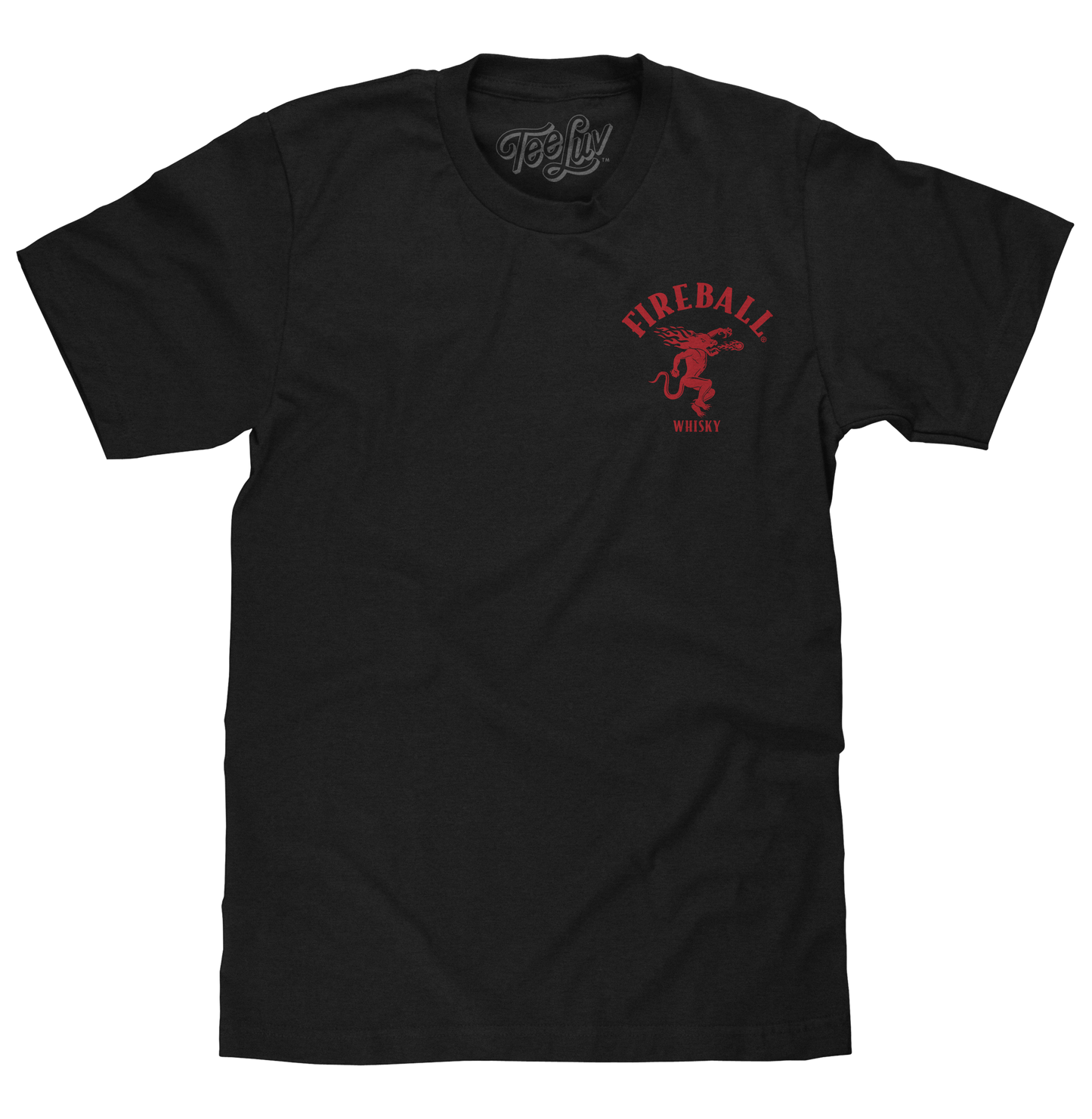 Fireball Whisky Left Chest Front and Back Dragon Mascot Logo Mens T Shirt Black
