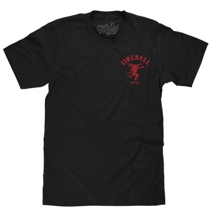 Fireball Whisky Left Chest Front and Back Dragon Mascot Logo Mens T Shirt Black