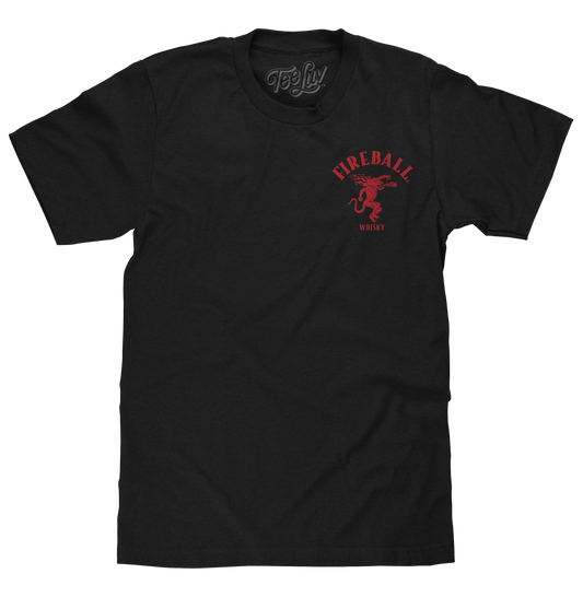 Fireball Whisky Left Chest Front and Back Dragon Mascot Logo Mens T Shirt Black