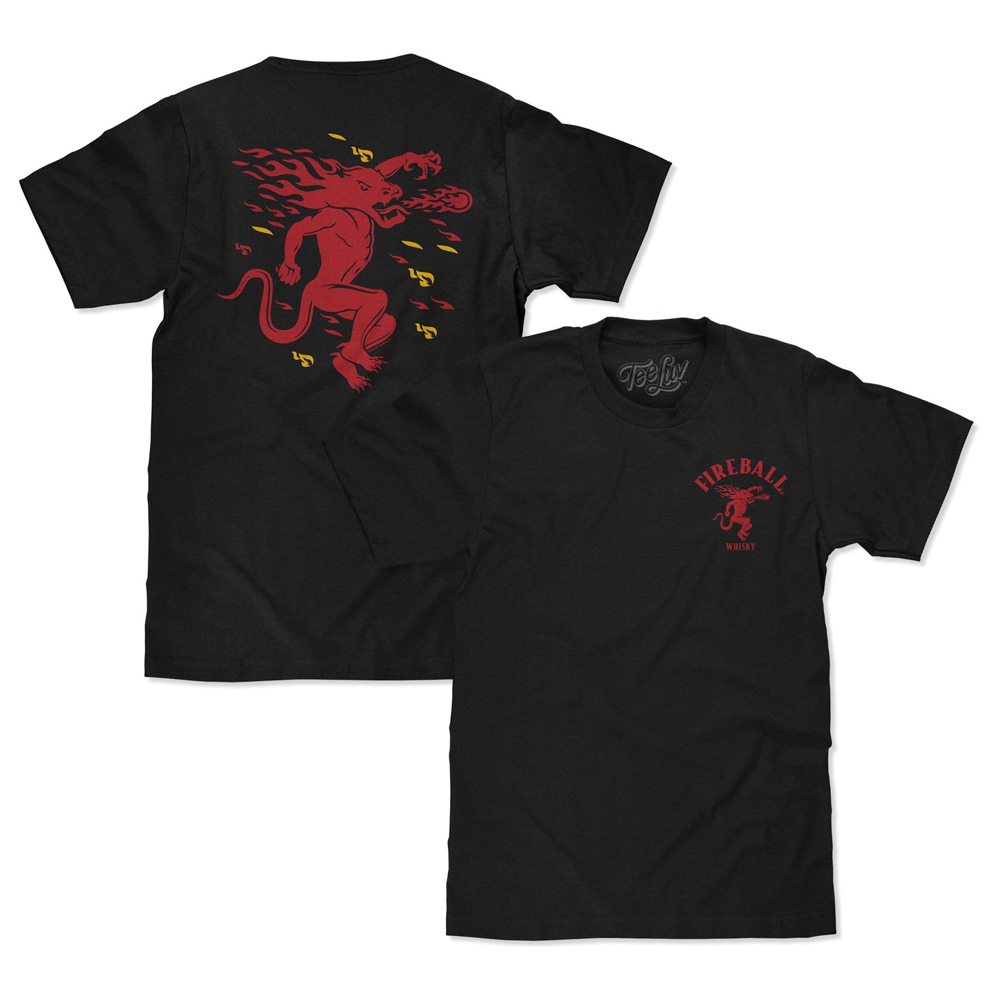 Fireball Whisky Left Chest Front and Back Dragon Mascot Logo Mens T Shirt Black