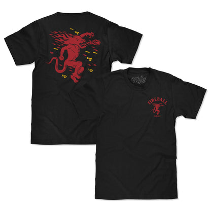 Fireball Whisky Left Chest Front and Back Dragon Mascot Logo Mens T Shirt Black
