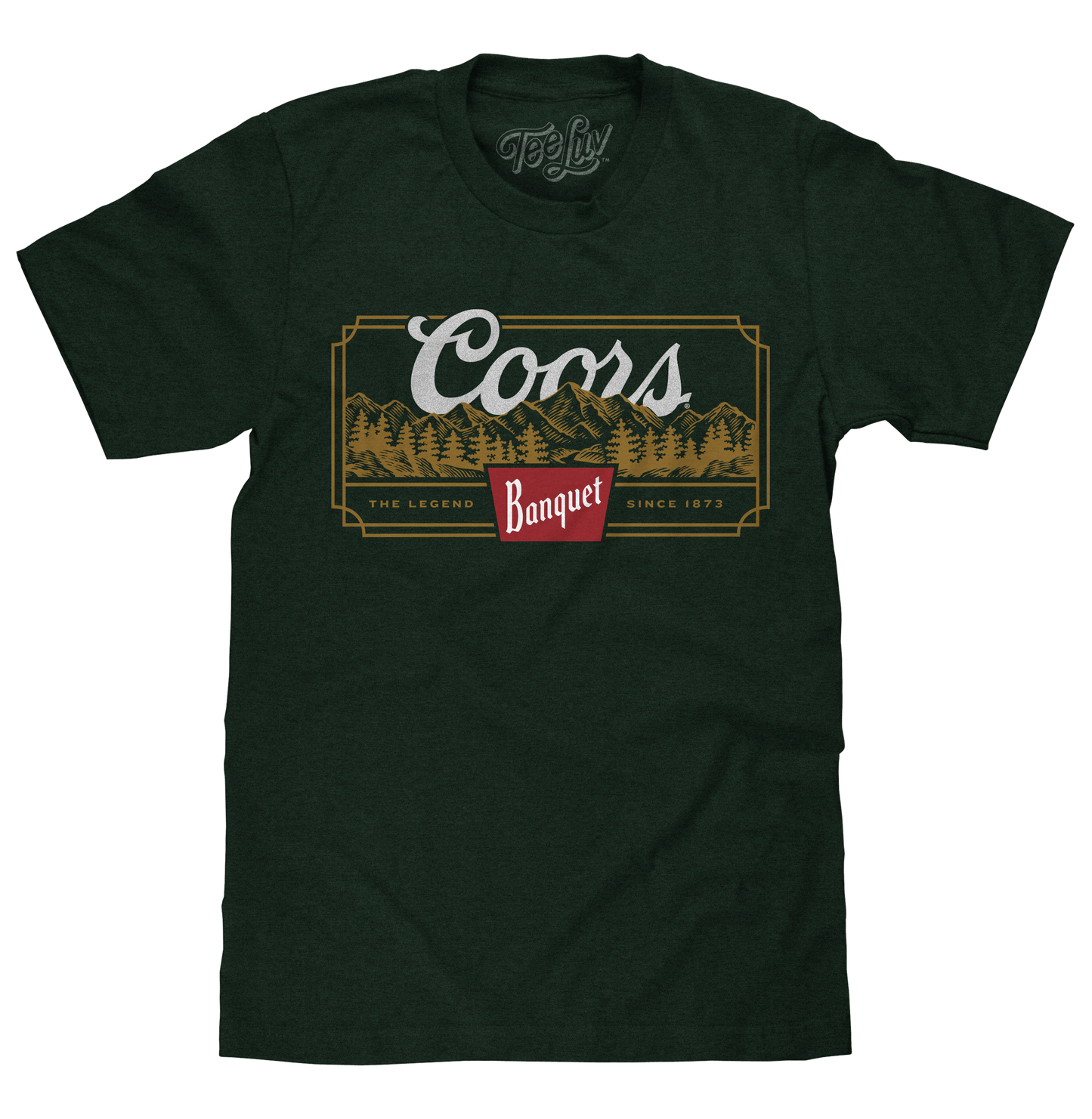 Coors Banquet Beer The Legend Since 1873 Rocky Mountains Mens T Shirt Forest Green