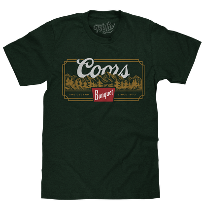 Coors Banquet Beer The Legend Since 1873 Rocky Mountains Mens T Shirt Forest Green