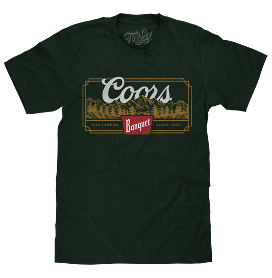 Coors Banquet Beer The Legend Since 1873 Rocky Mountains Mens T Shirt Forest Green