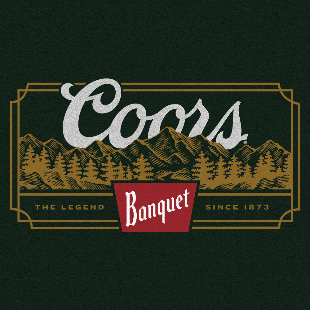 Coors Banquet Beer The Legend Since 1873 Rocky Mountains Mens T Shirt Forest Green