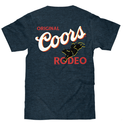 Original Coors Rodeo Cowboy Front and Back Print Mens T Shirt Denim Black Heather