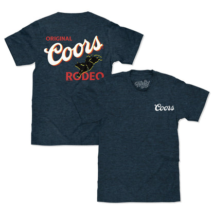 Original Coors Rodeo Cowboy Front and Back Print Mens T Shirt Denim Black Heather