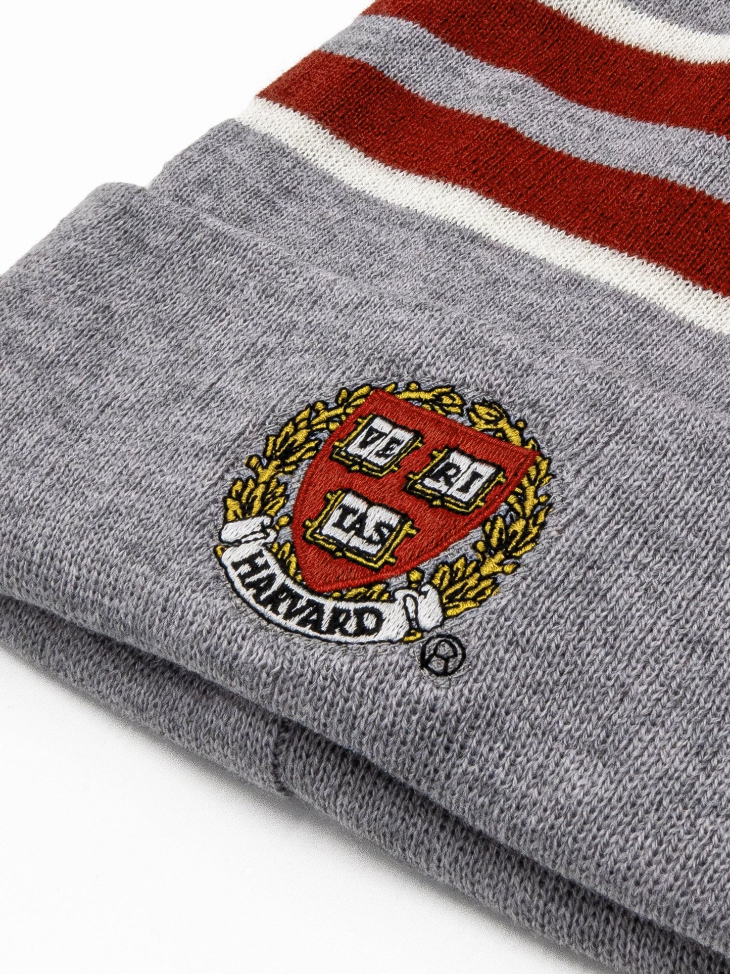 Harvard University Veritas Shield Pom Pom Beanie Hat Gray/Burgundy/White