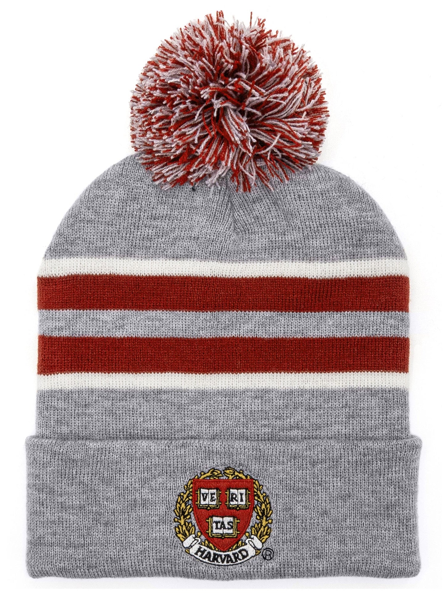 Harvard University Veritas Shield Pom Pom Beanie Hat Gray/Burgundy/White