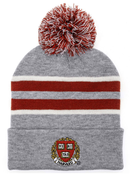 Harvard University Veritas Shield Pom Pom Beanie Hat Gray/Burgundy/White