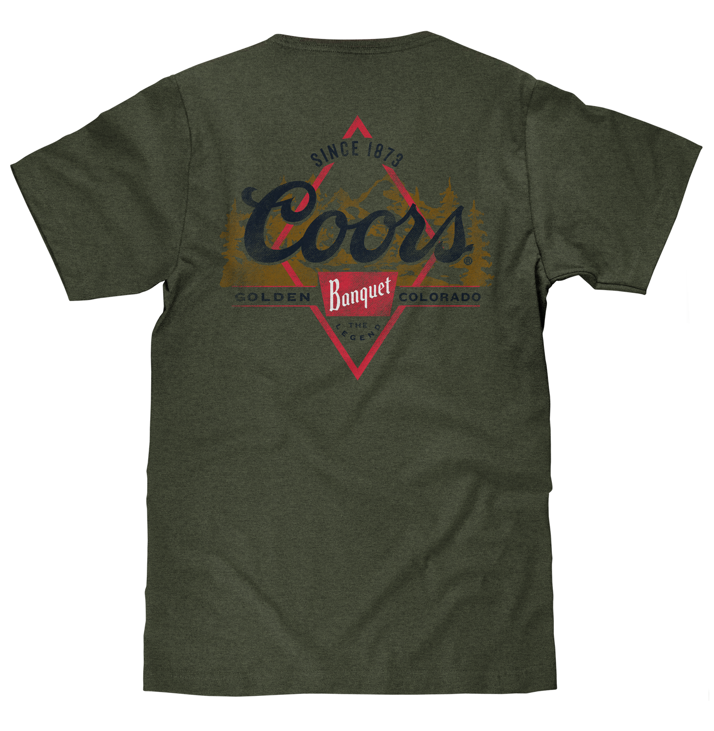 Coors Banquet The Legend Left Chest Front and Back Print Mens T Shirt Military Green