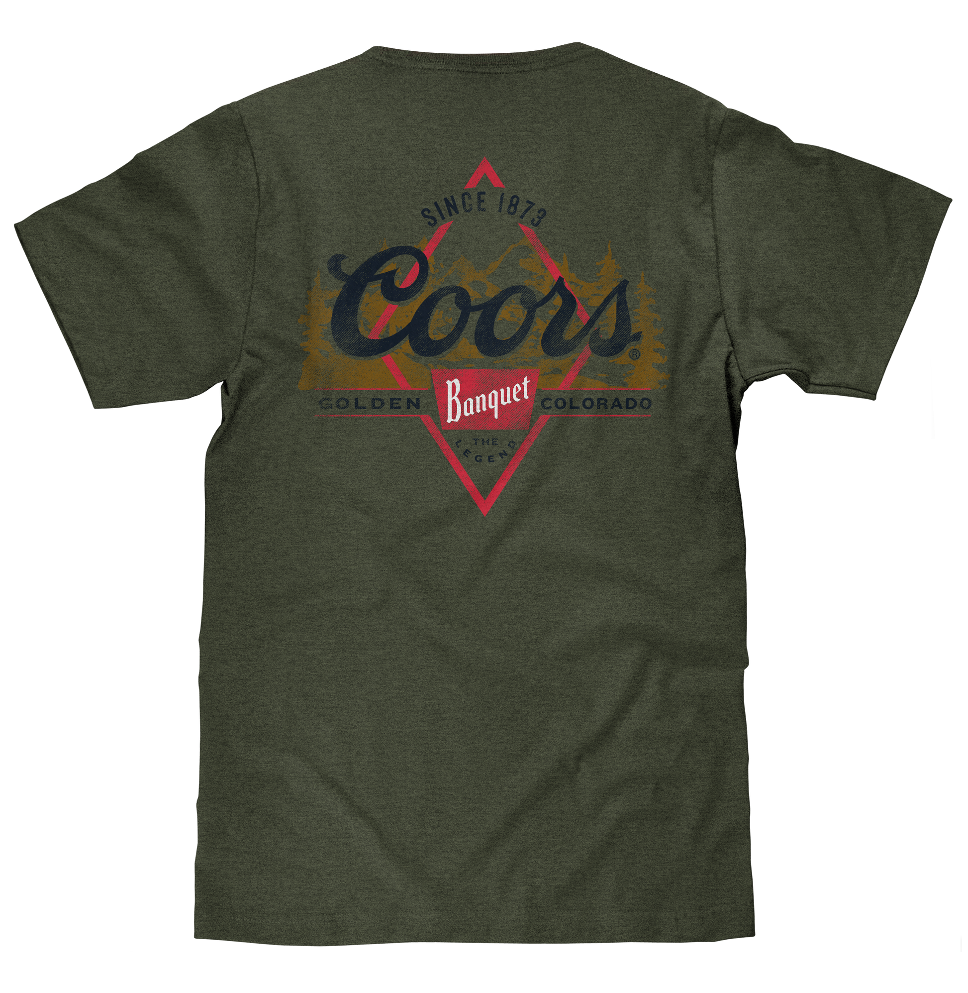 Coors Banquet The Legend Left Chest Front and Back Print Mens T Shirt Military Green