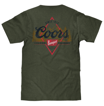 Coors Banquet The Legend Left Chest Front and Back Print Mens T Shirt Military Green