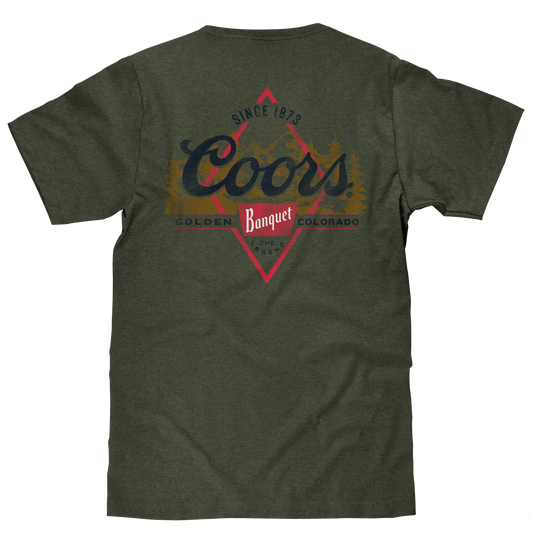 Coors Banquet The Legend Left Chest Front and Back Print Mens T Shirt Military Green