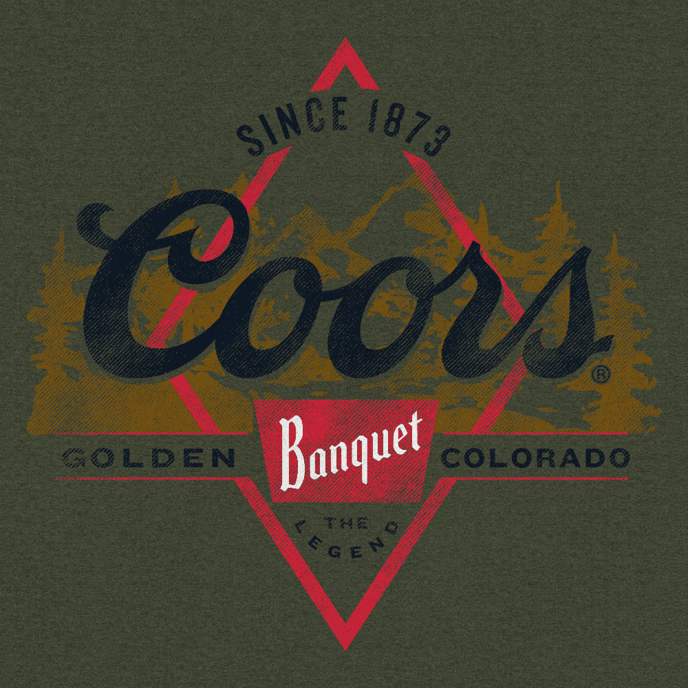 Coors Banquet The Legend Left Chest Front and Back Print Mens T Shirt Military Green