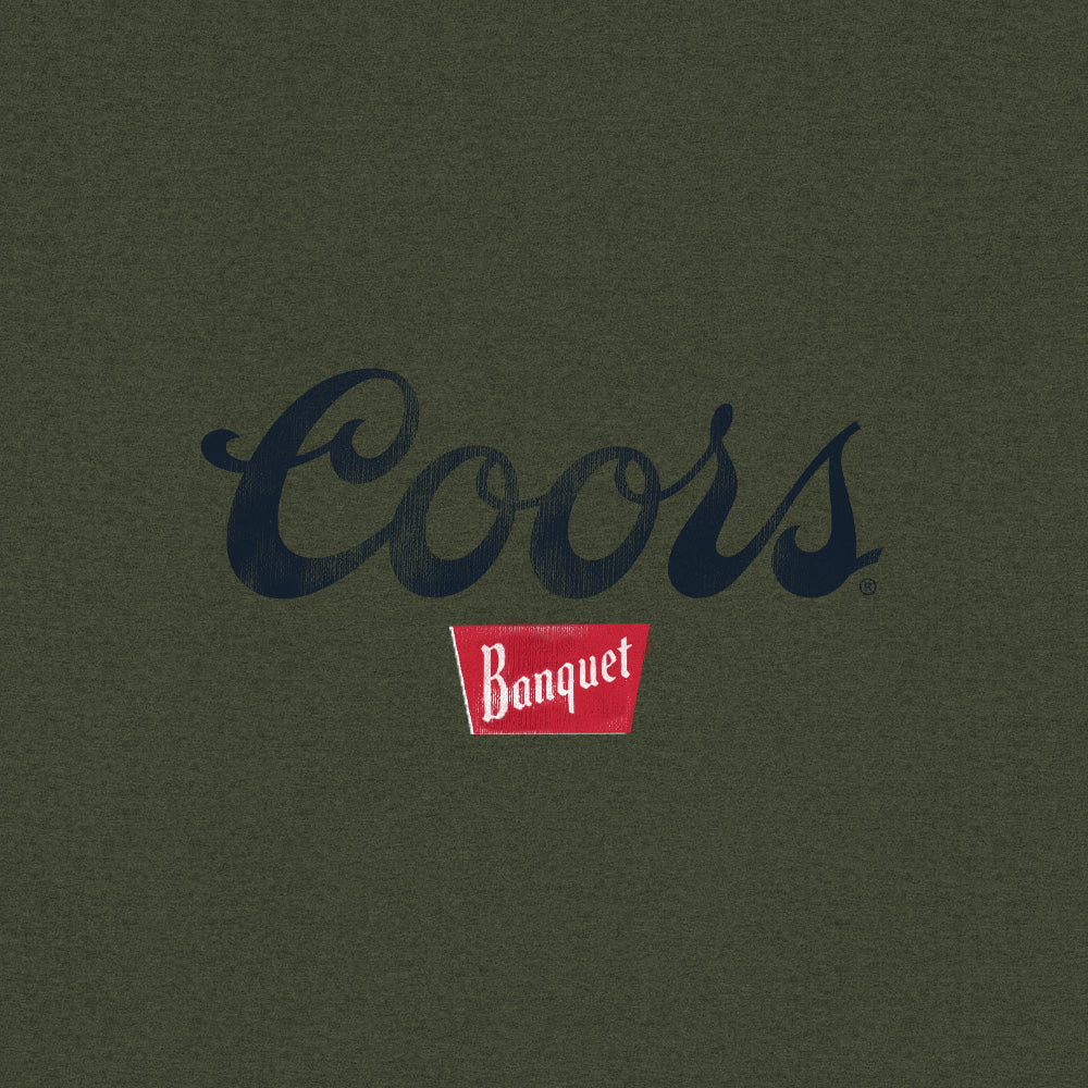 Coors Banquet The Legend Left Chest Front and Back Print Mens T Shirt Military Green