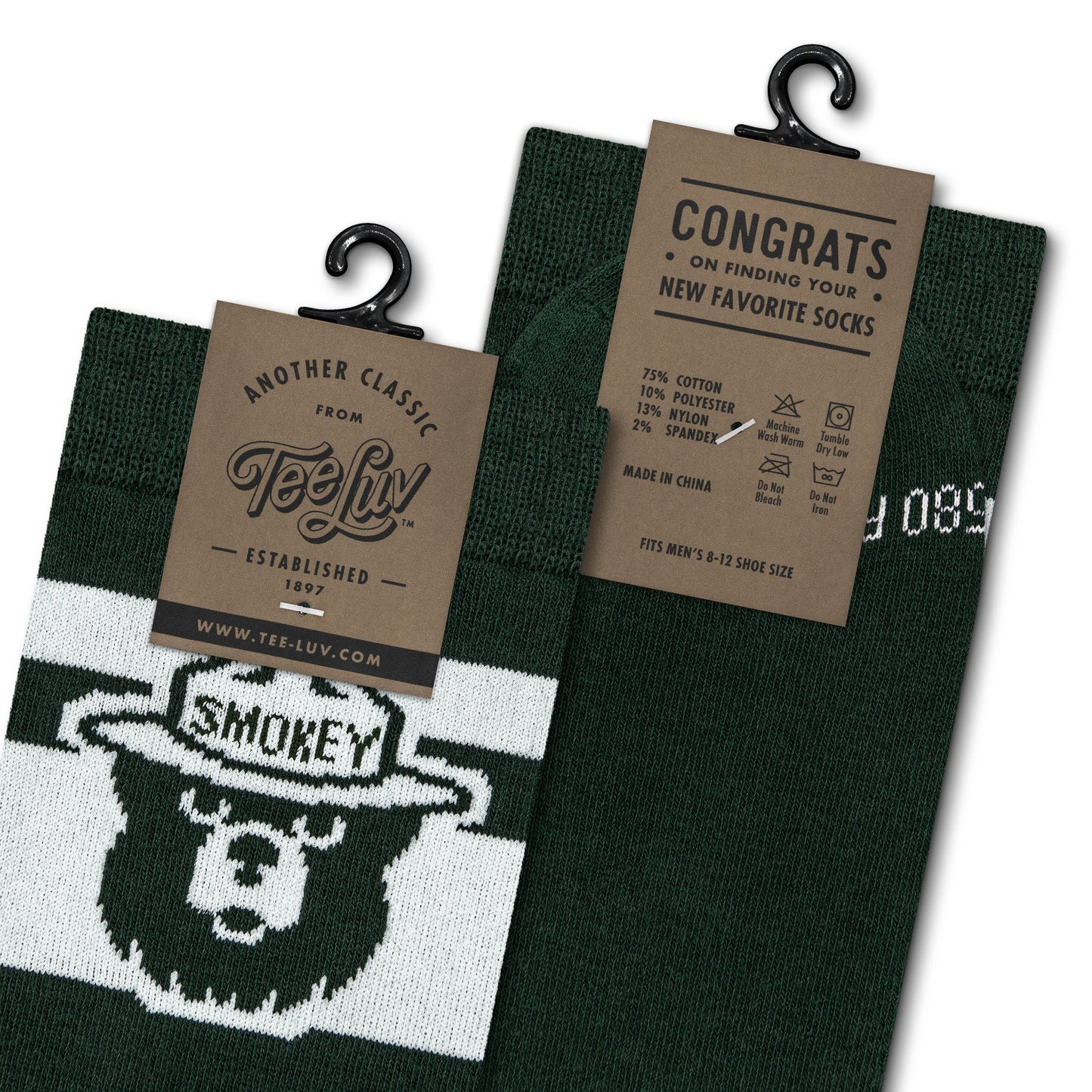 Smokey Bear Mascot Novelty Crew Socks Green/White