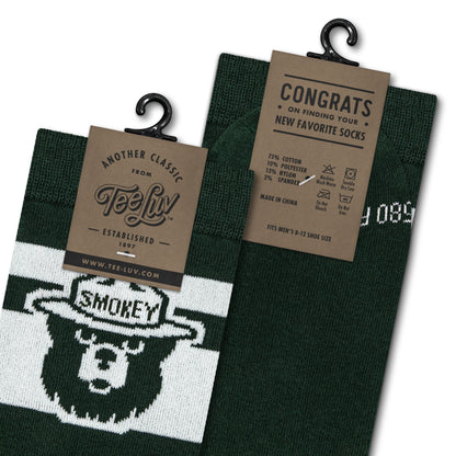 Smokey Bear Mascot Novelty Crew Socks Green/White