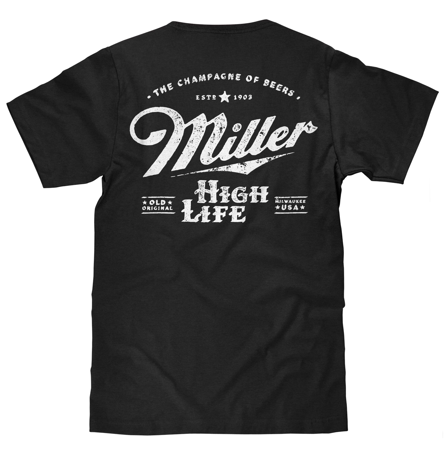 Distressed Miller High Life Logo Front and Back Print Mens T Shirt Black