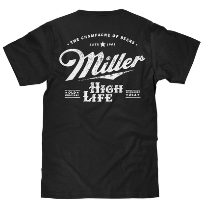 Distressed Miller High Life Logo Front and Back Print Mens T Shirt Black