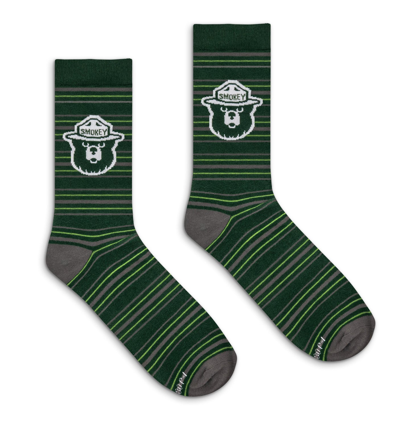 Smokey Bear Animal Mascot Striped Crew Socks Green/Gray