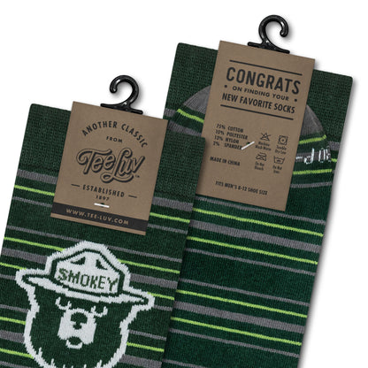Smokey Bear Animal Mascot Striped Crew Socks Green/Gray