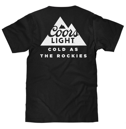 Coors Light Cold as the Rockies Left Chest Front and Back Print Mens T Shirt Black