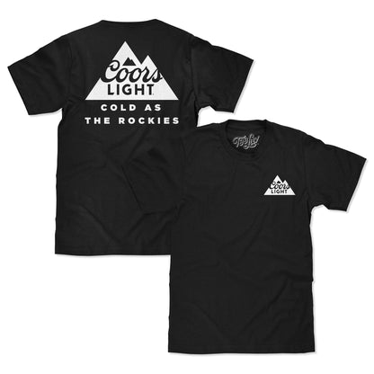 Coors Light Cold as the Rockies Left Chest Front and Back Print Mens T Shirt Black