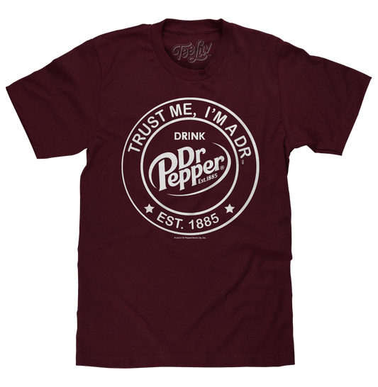 Dr Pepper Trust Me I'm A Dr Est 1885 Soda Pop Logo Mens T Shirt Burgundy