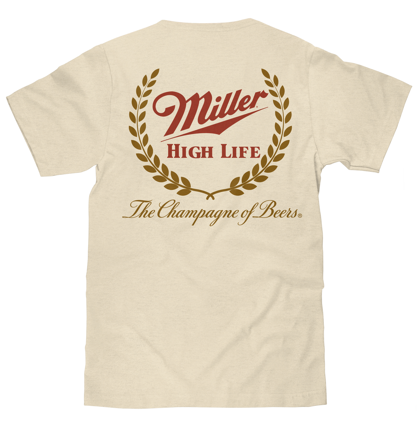 Miller High Life The Champagne of Beers Double Sided Logo Mens T Shirt Cream