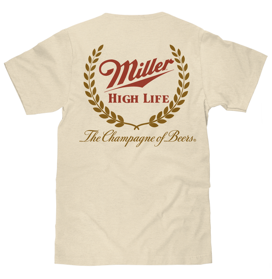 Miller High Life The Champagne of Beers Double Sided Logo Mens T Shirt Cream