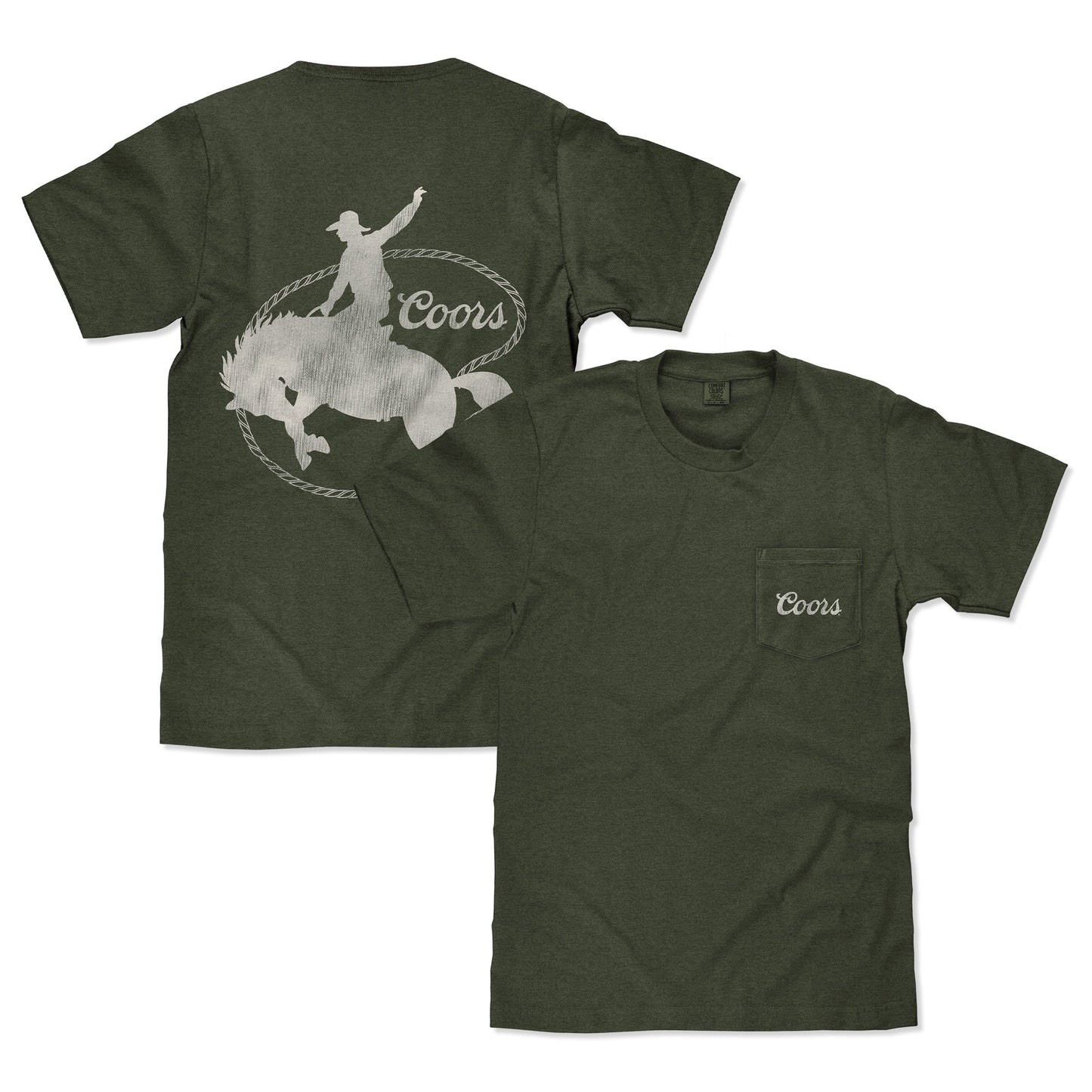 Tee Luv x Comfort Colors Faded Coors Rodeo Cowboy Left Chest Pocket Mens T Shirt Moss Green