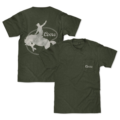 Tee Luv x Comfort Colors Faded Coors Rodeo Cowboy Left Chest Pocket Mens T Shirt Moss Green