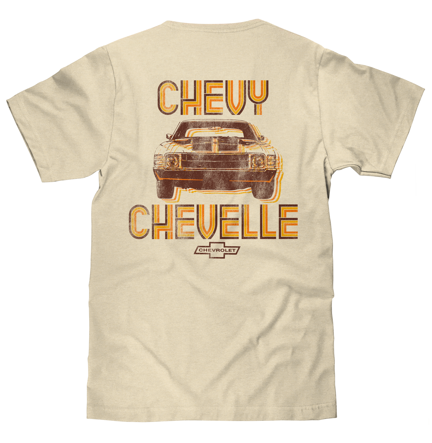 Chevy Chevelle Chevrolet Left Chest Front and Back Print Classic Car Mens T Shirt Cream