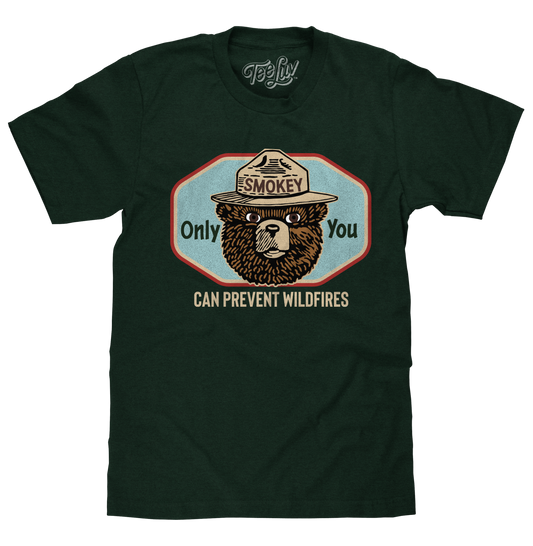 Smokey Bear Only You Can Prevent Wildfires Mens T Shirt Forest Green