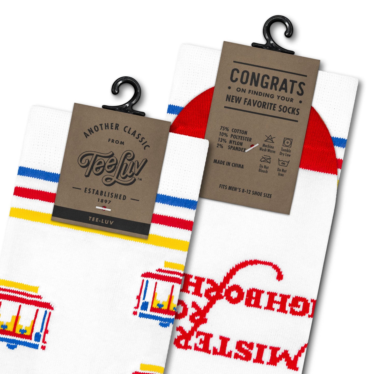 Mister Rogers Neighborhood Trolley Socks White/Red/Yellow/Blue