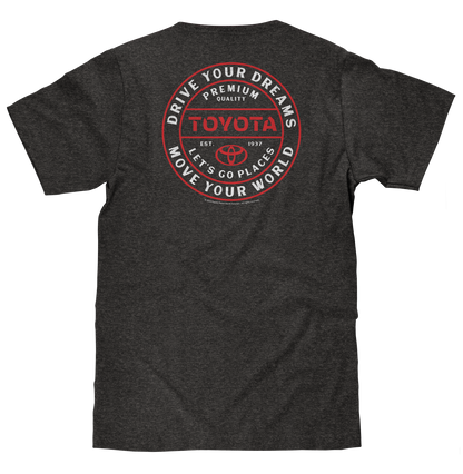 Toyota Drive Your Dreams Left Chest Front and Back Logo Mens T Shirt Charcoal Heather